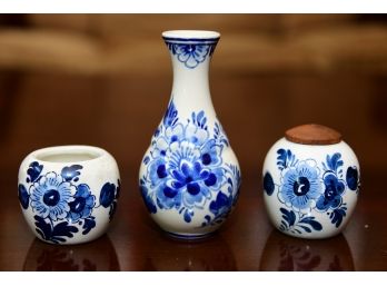 A Trio Of Delfts Painted Blue Floral Pottery