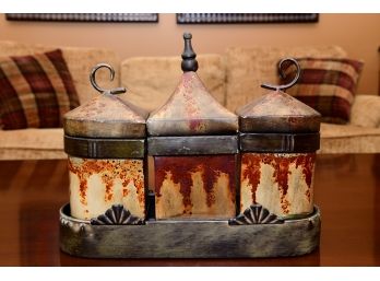 A Set Of 3 Tin Vessels And Tray With Painted Rustic Theme