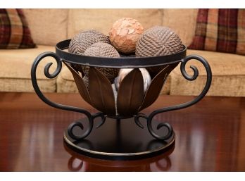 A Painted Metal Petal Bowl With Decorative Spheres