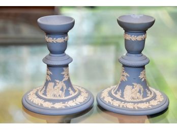 A Pair Of Blue Wedgwood Candle Holders READ