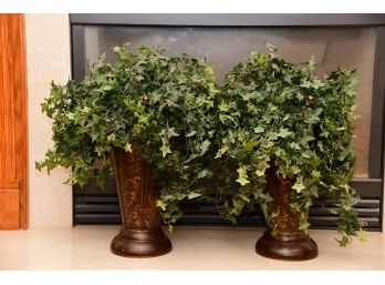 A Pair Of Painted Metal Leather Textured Vases With Faux Plants