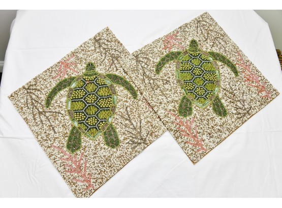 Pair Of Square Sea Turtle Bead And Sequin Placemats