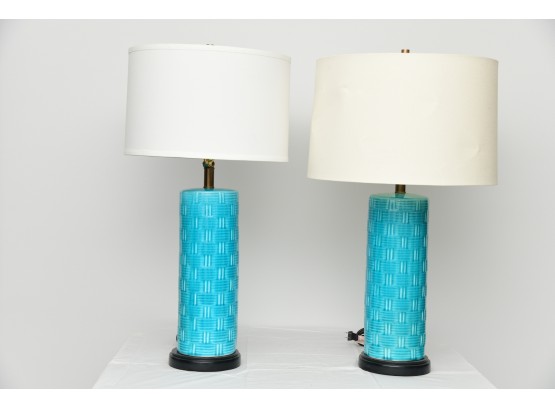 Pair Of Ceramic Blue Weave Pattern Table Lamps