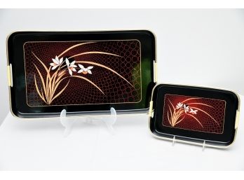 Black Lacquered Flower And Bamboo Serving Trays