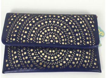 Sarit Blue & Gold Die-cut Clutch With Chain New With Tags