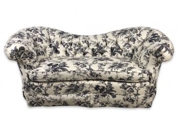 Baker Furniture Tufted Cream Love Seat With Blue Floral Print