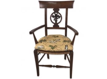 Vintage Rush Seat Side Chair With Flower Carved Back And Custom Upholstered Dog Cushion