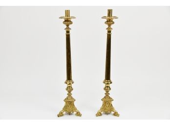 Tall Brass Candle Holders With Religious Face Motif