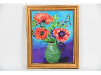 Still Life Flowers In Vase Paint On Board Signed JRS