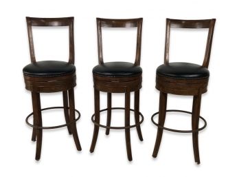 Trio Of Oak Counter Height Swivel Chairs With Faux Leather Seats & Nail Head Trim