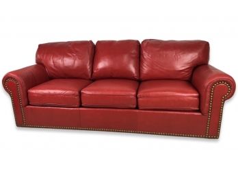 Greenbaum Interiors Cherry Red Leather Air Dream Sleeper Sofa With Nail Head Trim