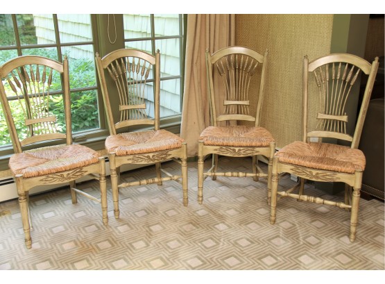 Set Of 4 Wheat Back Rush Seat Chairs