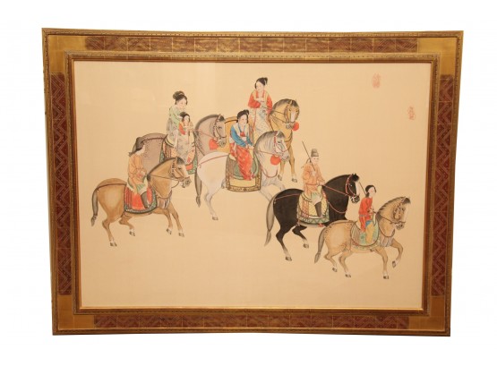 Asian Horseback Scene Paint On Silk