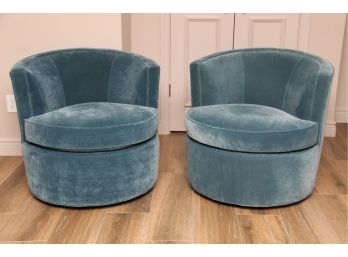A Pair Of Room & Board Lagoon Blue Otis Suede Swivel Chairs