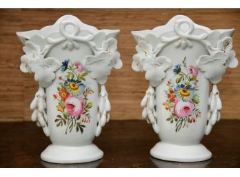 A Matching Pair Of Antique Porcelain Hand Painted Vases