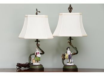 A Pair Of Porcelain Brass Figural Lamp