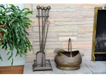 A Copper Fireplace Set Including Tools And Coal Bucket