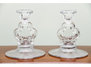 A Pair Of Vintage Etched Glass Candlesticks