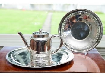 A Three Piece Set Of Vintage Silver Plate Including Teapot