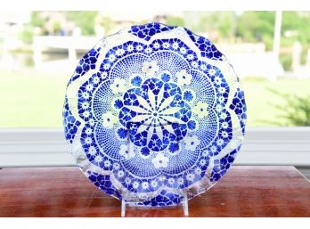 A Blue And Clear Glass Painted Scalloped Edge Display Dish