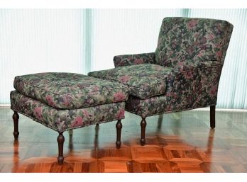 A Floral Print Needlepoint Down Filled Chair And Ottoman