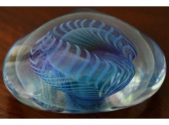A Richard Eickholt Etched Signed Blue Swirl Paperweight