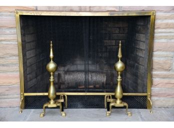 A Brass Fireplace Set Including Screen And Andirons