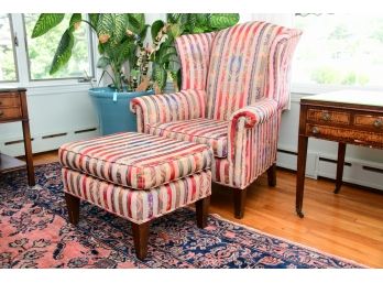 A Silk Covered Vintage Wingback Chair And Ottoman