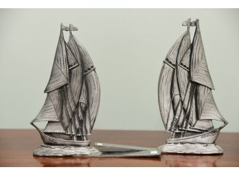A Pair Of Pewter Sailboat Bookends