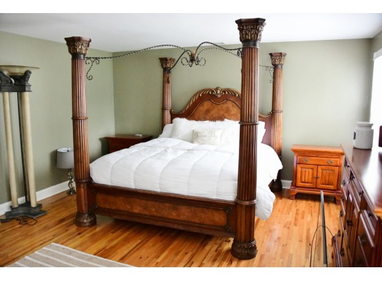 Impressive 4 Post Burl Wood  King Size Bed With Twisted Iron Canopy Top