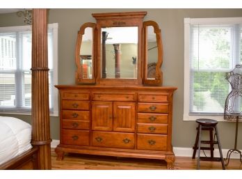 Long Dresser With Trifold Mirror In Honey Finish By Kimball