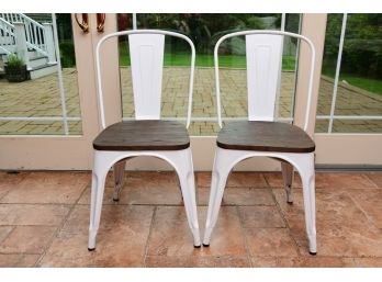 Pair Of White Metal And Brown Wood Chairs