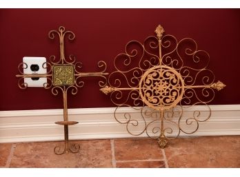 Pair Of Metal Wall Decorations Including Pilar Candle Holder