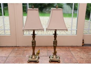 Pair Of Tall Gold Toned Table Lamps With Drop Bead Shades