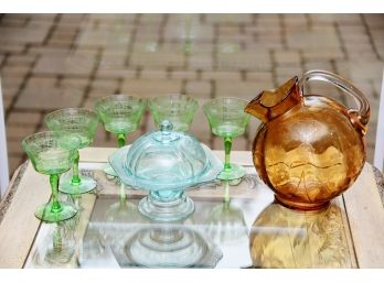 Depression Colored Glass Lot - Pitcher, Covered Dish, Wine Glasses