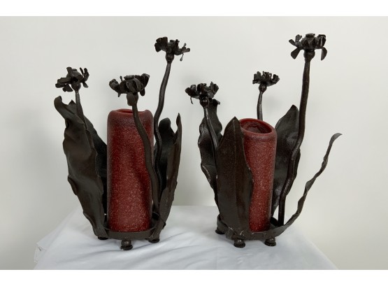 Pair Of Painted Metal Candle Holders With Candles