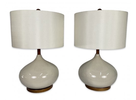 Pair Of Teardrop Crackle Porcelain Table Lamps With Linen Shades