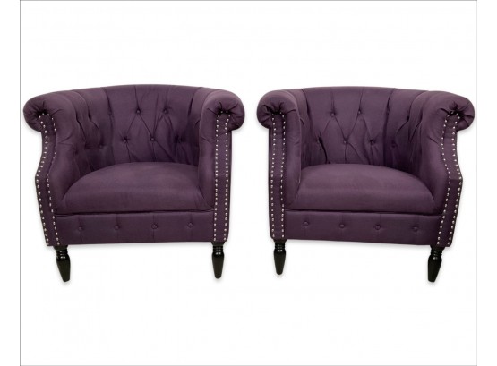 Pair Of Purple Tufted Barrel Back Club Chairs With Nail Head Trim