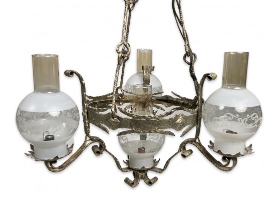 Antique Metal Candelabra That Was Electrified With Original Hurricane Globes