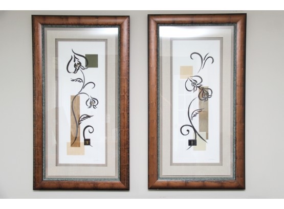 Pair Of Signed Floral Prints In Lovely Wood Frames