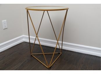 Oval Top Mirrored Side Table With Triangular Geometric Base