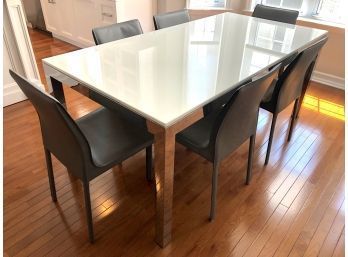 MCM After Milo Baughman White Marble Top Parsons Dining Table With Chrome Base