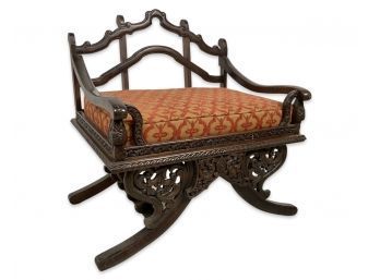 Hand Carved Antique Gothic Arm Chair With Custom Cushion
