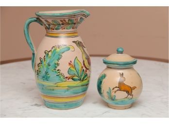 A Pitcher And Lidded Jar Hand Painted