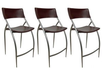 Trio Of Calligaris Brown Leather Counter Height Stools