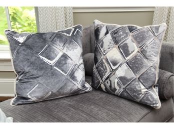 A Pair Of Blue And White Custom Chenille Throw Pillows
