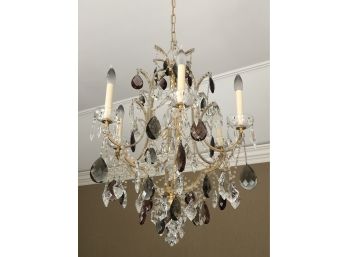 A Gold Tone Drop Colored Crystal Chandelier