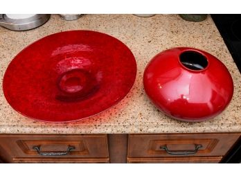Red Decorative Ceramic Vase And Glass Bowl