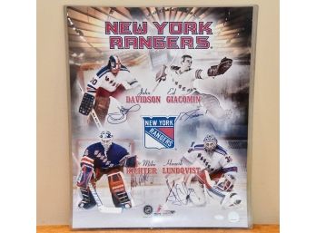 A New York Rangers Poster Signed By Henrik Lundqvist, John Davidson, Ed Giacomin, And Mike Richter With COA