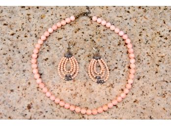 Orange Pearl Beaded Necklace And Earrings With Sterling Silver Clasps
